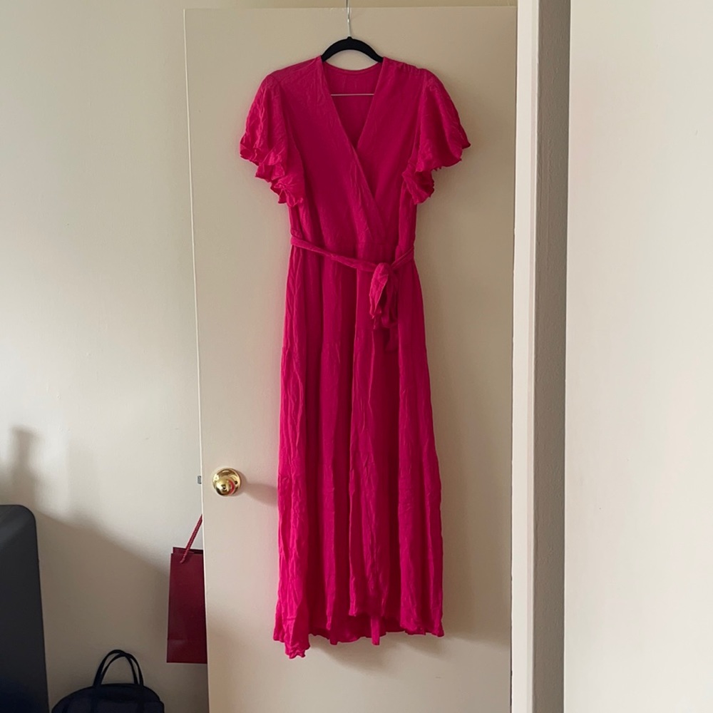 Pink summer ruffled sleeve tiered maxi dress